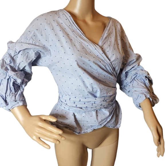 Zara Blue Swiss dot striped long sleeve wrap blouse.  Size medium - Picture 12 of 13